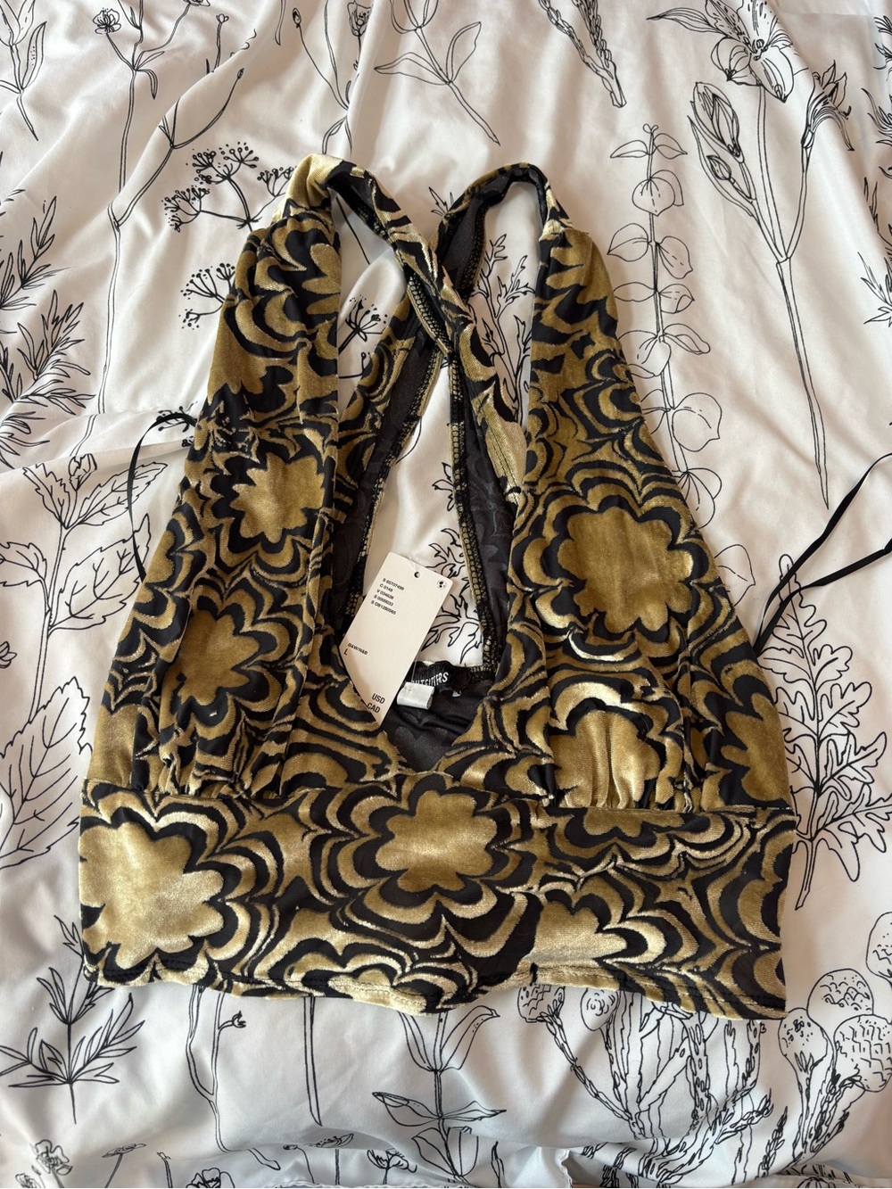 Urban Outfitters Gold and Black Velvet Floral Mini Top